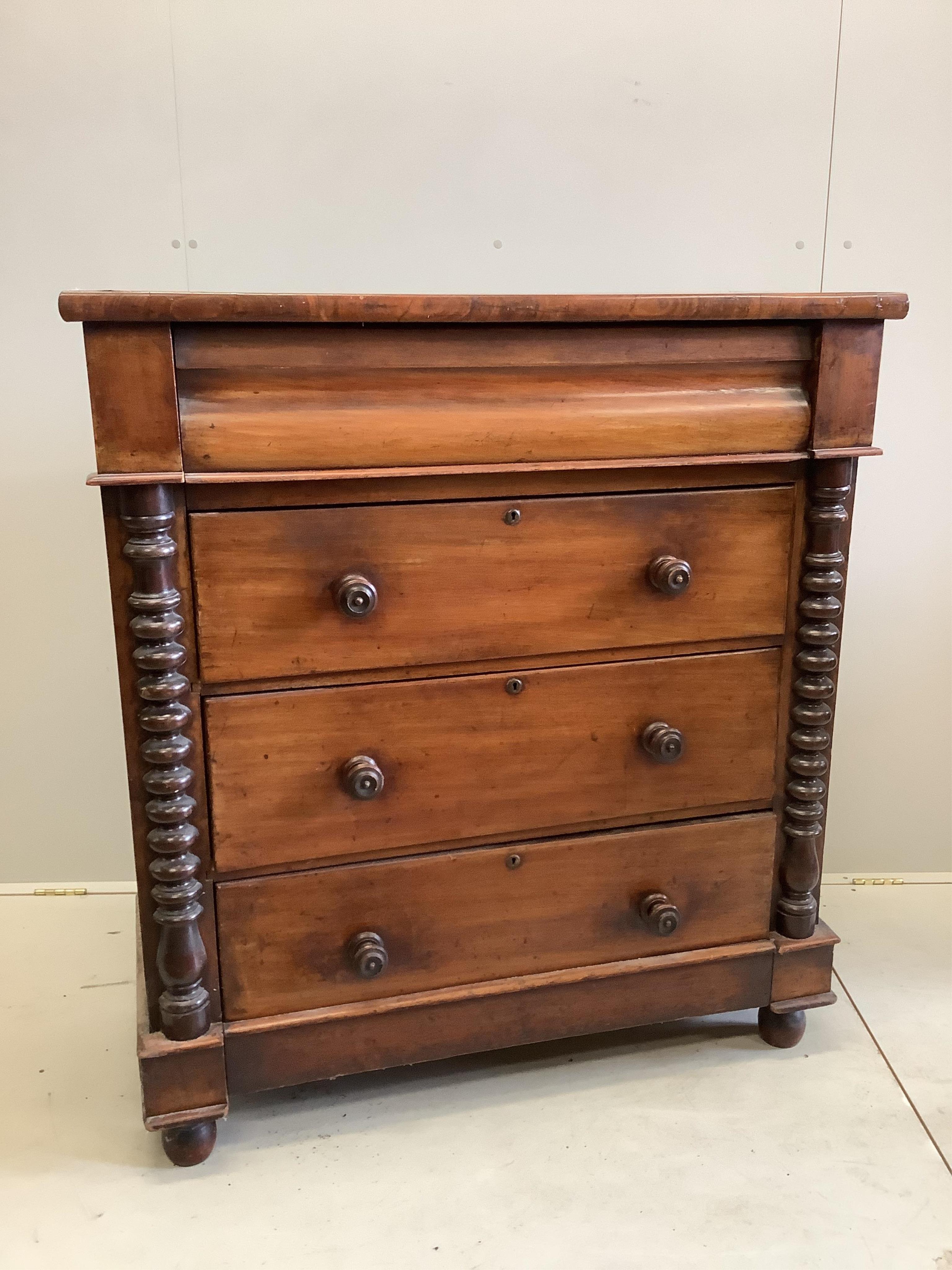 A Victorian mahogany Scottish chest of drawers, width 111cm, depth 50cm, height 122cm. Condition - poor-fair